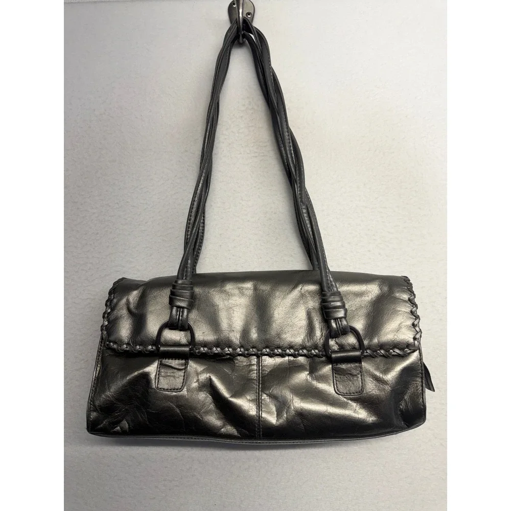 Worthington Metallic Pewter Leather‎ Shoulder Bag Whipstitch Flap Handbag Grey